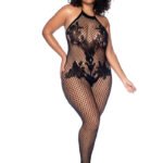 Vino Noir Floral Fishnet Bodystocking Plus - O/sx - Black
