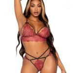 2 Pc Rhinestone Lace Bralette and G-String Set -  Medium - Burgundy