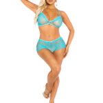 2 Pc Lace Bra Top and Keyhole Back Boyshorts O/s - Turquoise