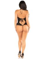 Black Floral Lace Halter Bodysuit with Mini Bow - and Flutter Accent - Os - Image 2