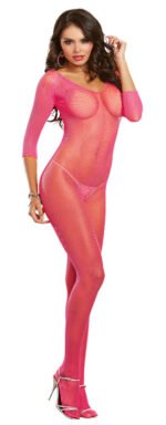 Neon Pink Fishnet Long-Sleeved Open-Crotch Bodystocking – One Size - Image 2