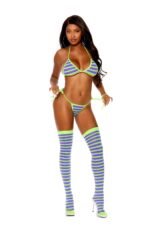 Striped String Bra and Thong with Stockings Set – Purple and Neon Green, One Size - Image 2