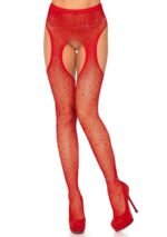 Casey Rhinestone Fishnet Suspender Pantyhose - One Size - Red - Image 4