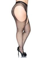 Casey Rhinestone Fishnet Suspender Pantyhose - Queen - Black - Image 2