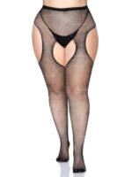 Casey Rhinestone Fishnet Suspender Pantyhose - Queen - Black - Image 3