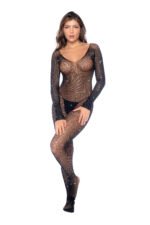 Celestial Sparkle Long Sleeve Fishnet Rhinestone Bodystocking – Black, One Size