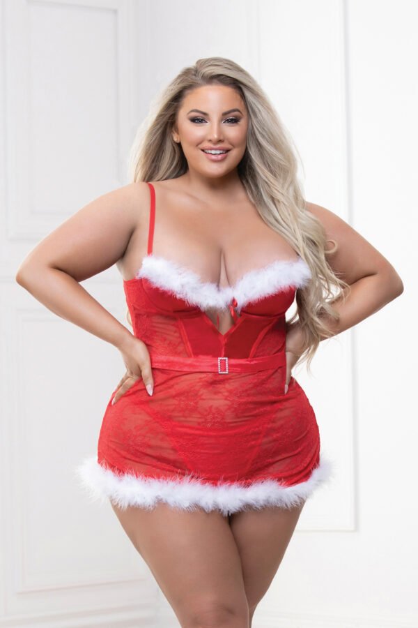 Two Piece Lace and Stretch Satin Chemise With Marabou Trim and G-String Set - 1x/2x - Red