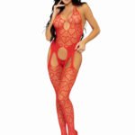 Seamless Heart Net Suspender Bodystocking - One Size - Red
