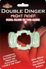Double Dinger Night Rider Glow-in-the-Dark Vibrating Cock Ring with Removable Bullets – Clear