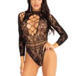 Lace and Neck Keyhole Back Bodysuit - One Size - Black