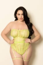 Fishnet and Strappy Elastic Teddy - Queen Size - Lime - Image 2