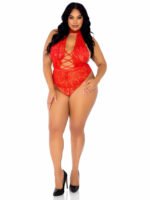 Floral Lace Crotchless Teddy - 1x/2x - Red - Image 2