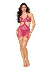 Garter Slip and G-String Set – Fishnet and Lace – Beet - Image 2
