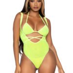 2 Pc. Rhinestone Wrap Around Bikini Top and Suspender Body Suit - One Size - Neon Yellow