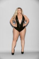 Liquid Look Chain Back Open Crotch Teddy - Queen Size - Black - Image 2