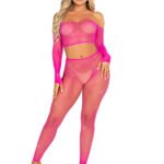 Rhinestone Fishnet Crop Top and Footless Tights O/s - Neon Pink