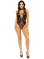 Net and Lace Keyhole Halter Bodysuit - One Size - Black - Image 4