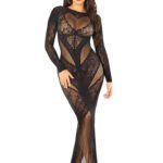 Black Lace and Net Body Con Gown - With Heart Keyhole Detail - Os