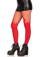 Opaque Flame Tights With Fishnet Top - One Size - Red - Image 2