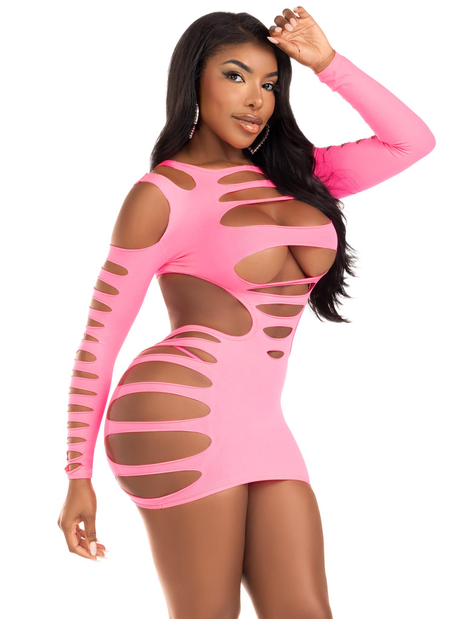 opaque-shredded-cut-out-mini-dress-one-size-neon-pink Opaque Shredded Cut Out Mini Dress - One Size - Neon Pink - Image 1