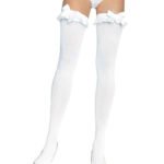 Opaque Thigh Highs With Satin Ruffle Trim and Bow - One Size - White