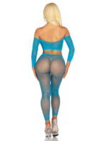 Rhinestone Fishnet Crop Top and Footless Tights – Neon Blue, One Size - Image 2