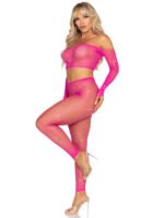 Rhinestone Fishnet Crop Top and Footless Tights – Neon Pink, One Size - Image 2