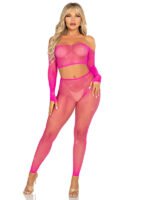 Rhinestone Fishnet Crop Top and Footless Tights – Neon Pink, One Size