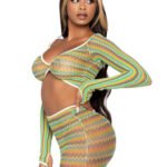 2 Pc Zig Zag Net Crop Top and Mini Dress - One Size - Green