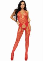 Seamless Heart Net Suspender Bodystocking - One Size - Red - Image 4