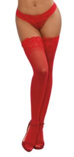 Sheer Thigh High Stockings with Silicone Lace Top – Red, One Size - Image 2
