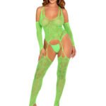 2 Pc Lace Halter Footless Cami Garter With Attached Toe Loop Stockings O/s - Neon Green