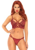 2 Pc Lace Bralette With Cage Strap O-Ring Bodice Detail and Matching G-String - Burgandy - Small/ Medium - Image 4