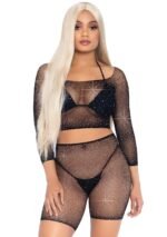 2 Pc Rhinestone Fishnet Crop Top and Biker Shorts - Black - One Size - Image 2