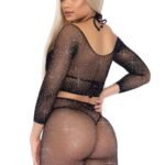 2 Pc Rhinestone Fishnet Crop Top and Biker Shorts - Black - One Size
