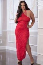 2 Pc. Shoulder-Baring Laced Night Dress - Red  Cherry - Queen Size - Image 2