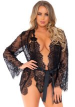 3pc Lace Teddy and Robe Set - Black - Small - Image 4
