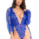 3pc Lace Teddy and Robe Set - Medium -  Royal Blue