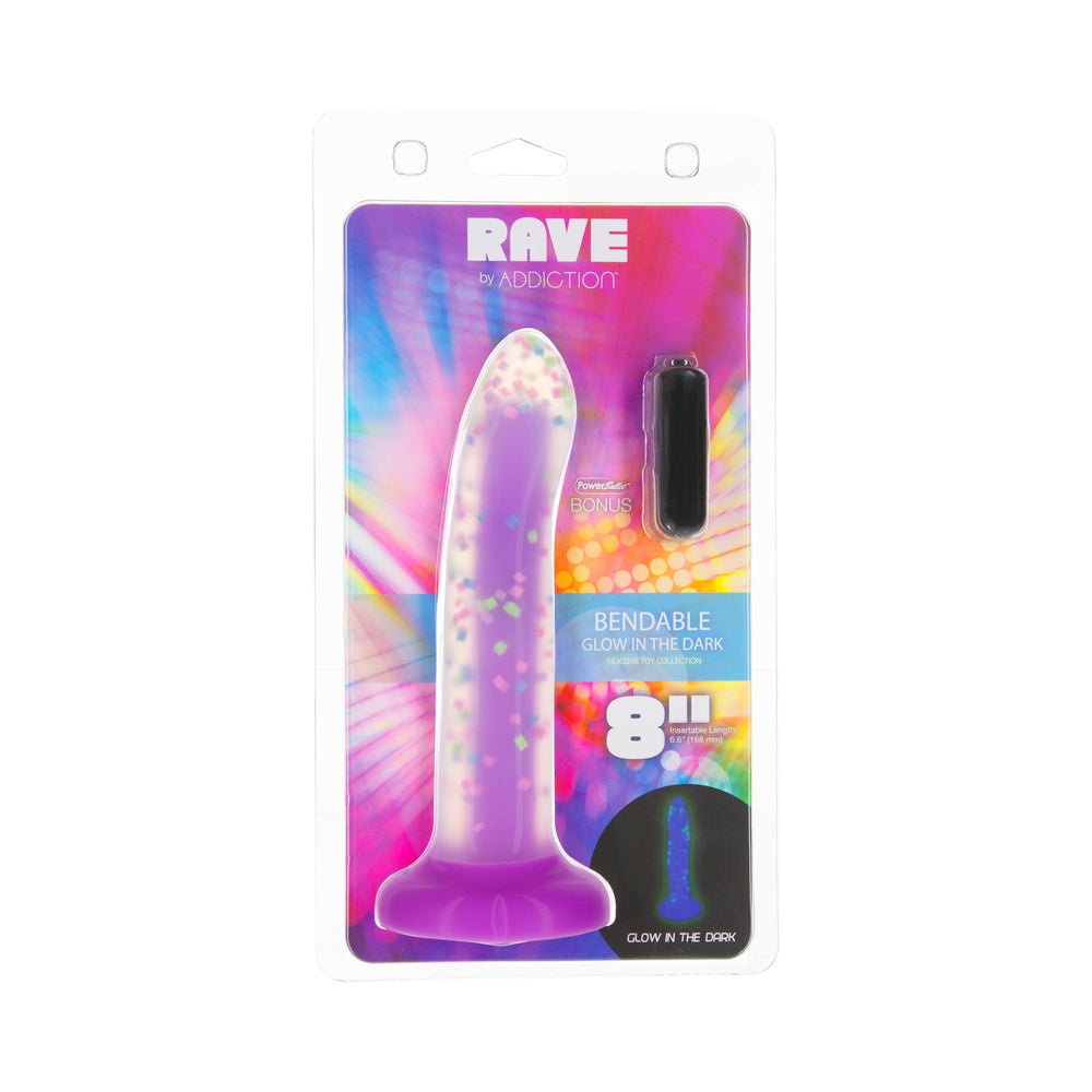 addiction-rave-8-in-bendable-glow-in-the-dark-silicone-dildo-purple-confetti Addiction Rave 8 in. Bendable Glow-in-the-Dark Silicone Dildo Purple Confetti - Image 1