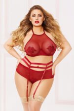 Applique & Mesh Bra Set - 3x4x - Burgundy - Image 2