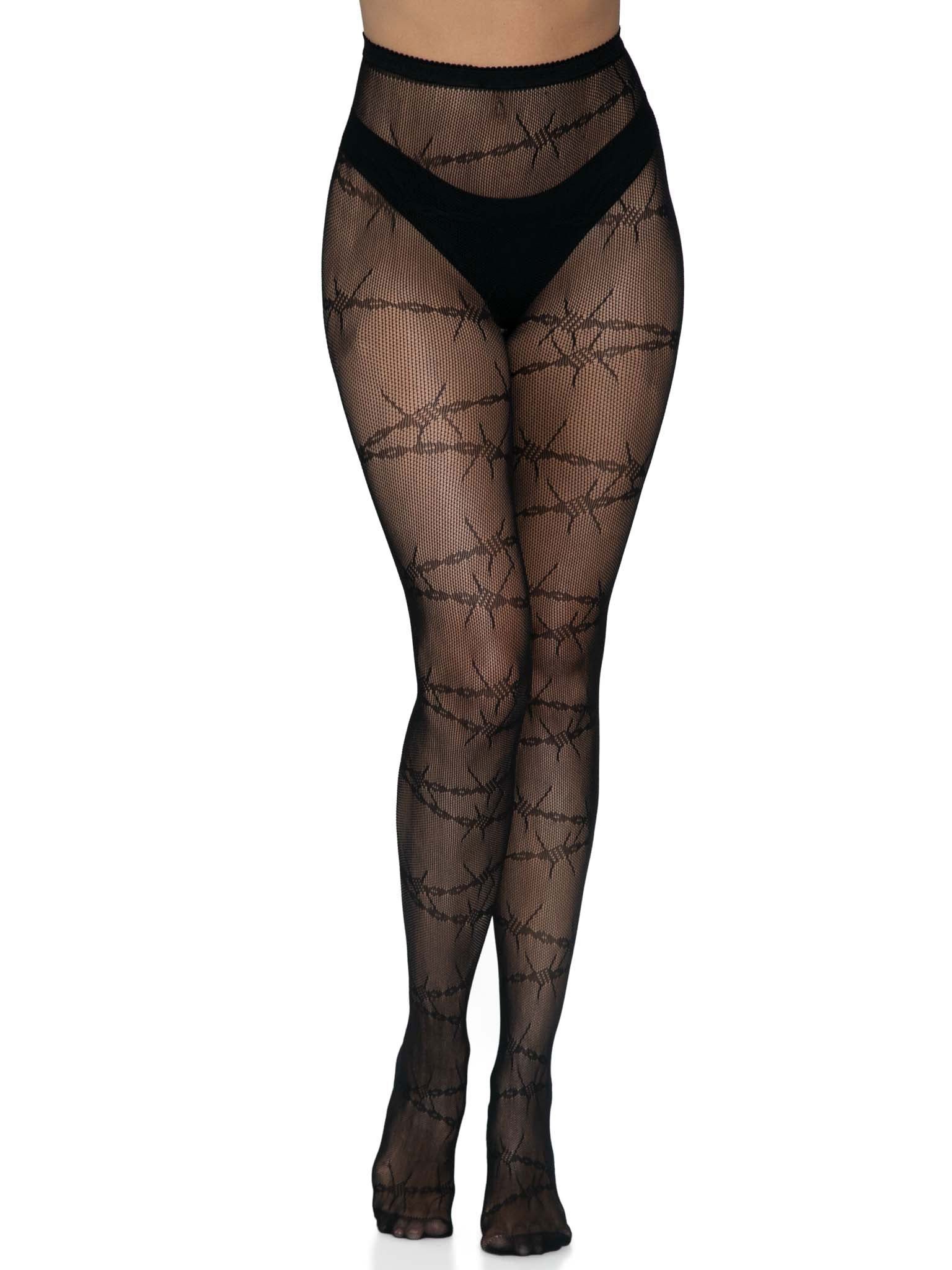 barbed-wire-fishnet-tights-one-size-black Barbed Wire Fishnet Tights - One Size - Black - Image 1