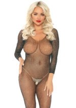 Crystalized Seamless Fishnet Long Sleeved Bodystocking - One Size - Black - Image 2