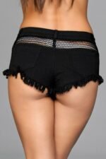 Denim Shorts With Fishnet Top Trimming and Fringe - Medium - Black - Image 3