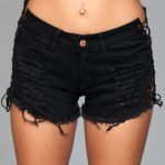 Denim Shorts With Lace Up Side Details and Distressed Details on Front and Back - Medium