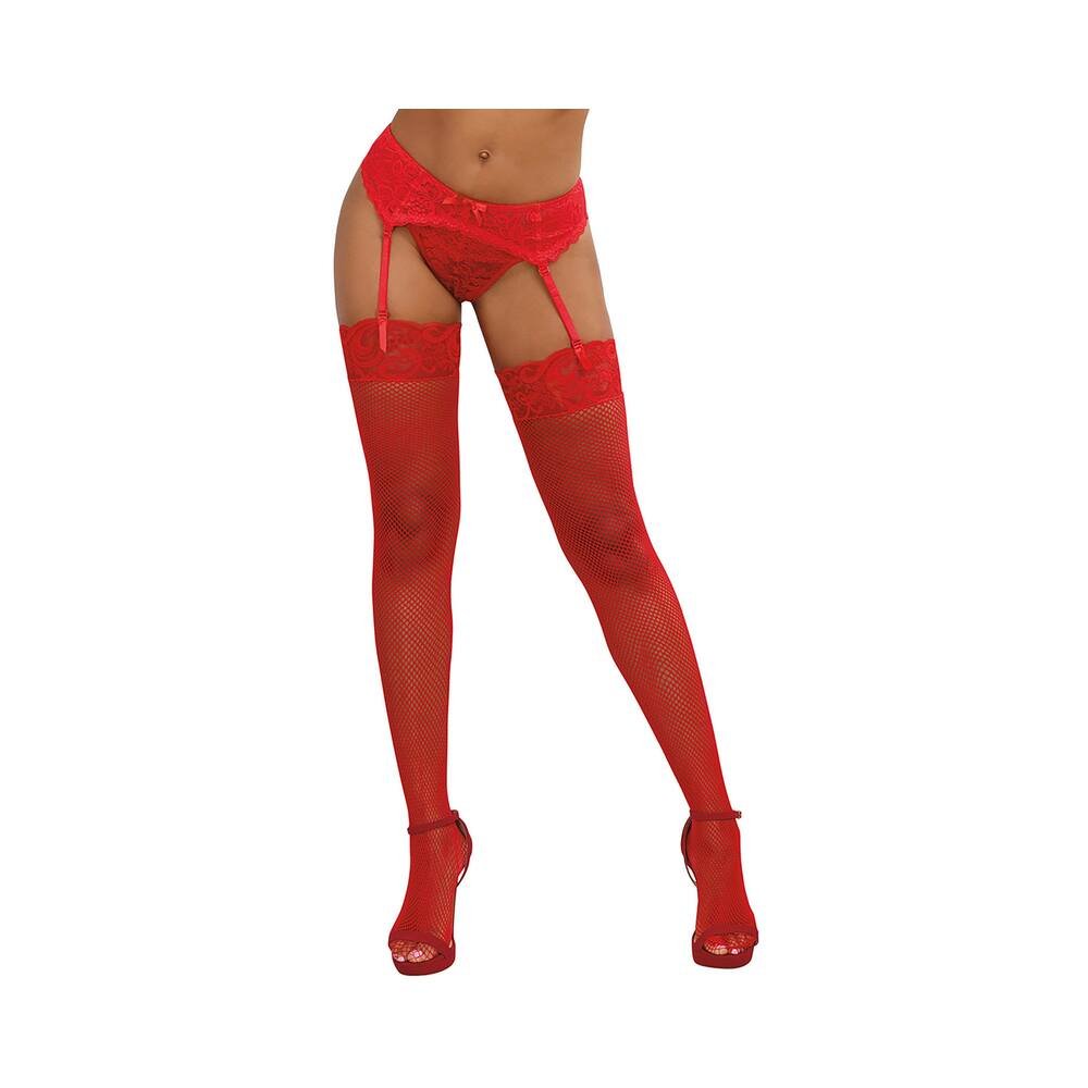 dreamgirl-fishnet-thigh-high-stockings-with-lace-top-red-os Dreamgirl Fishnet Thigh-High Stockings With Lace Top Red OS - Image 1