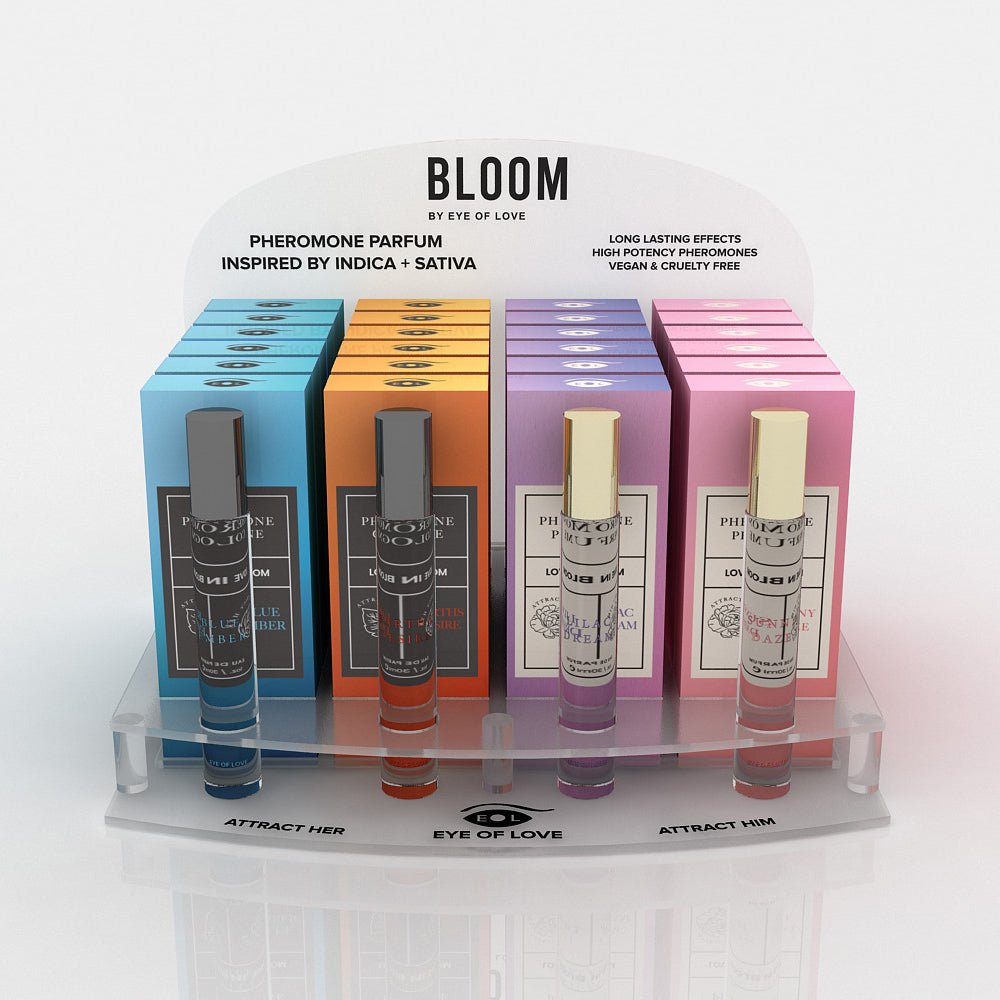 eye-of-love-bloom-pheromone-10-ml-display-4x6-prepack-with-testers-acrylic Eye of Love Bloom Pheromone 10 ml Display 4x6 Prepack with Testers - Acrylic - Image 1