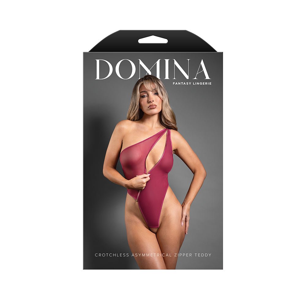 fantasy-lingerie-domina-crotchless-one-shoulder-teddy-with-asymmetrical-front-zipper-berry-sm Fantasy Lingerie Domina Crotchless One-Shoulder Teddy with Asymmetrical Front Zipper Berry S/M - Image 1