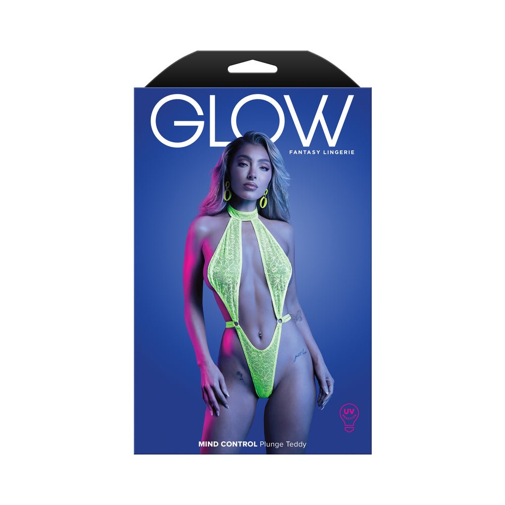 fantasy-lingerie-glow-mind-control-uv-reactive-lace-halter-plunge-teddy-lxl Fantasy Lingerie Glow Mind Control UV Reactive Lace Halter Plunge Teddy L/XL - Image 1