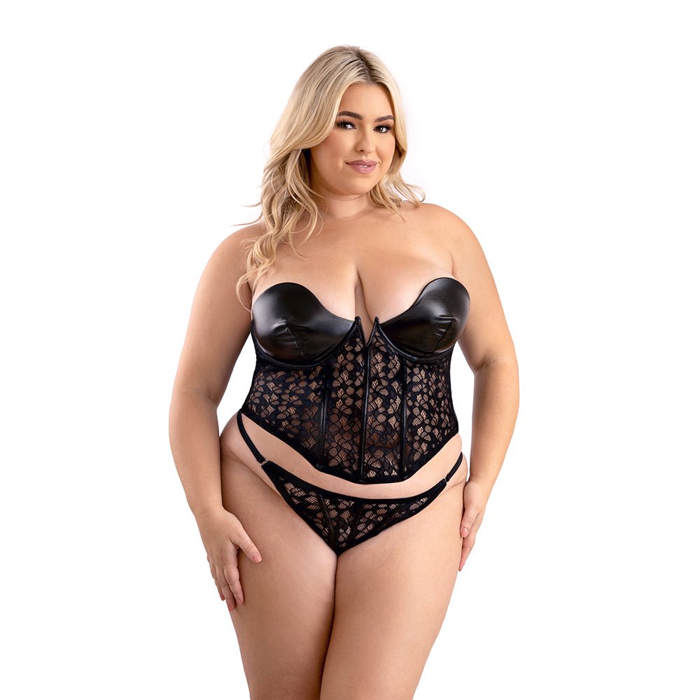 fantasy-lingerie-leather-look-and-lace-underwire-corset-with-matching-g-string-panty-2xl Fantasy Lingerie Leather Look and Lace Underwire Corset with Matching G-String Panty 2XL - Image 1