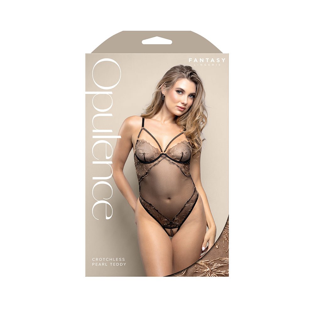 fantasy-lingerie-opulence-crotchless-pearl-cage-neckline-teddy-with-adjustable-pearl-g-string-black-ml Fantasy Lingerie Opulence Crotchless Pearl Cage Neckline Teddy with Adjustable Pearl G-String Black M/L - Image 1